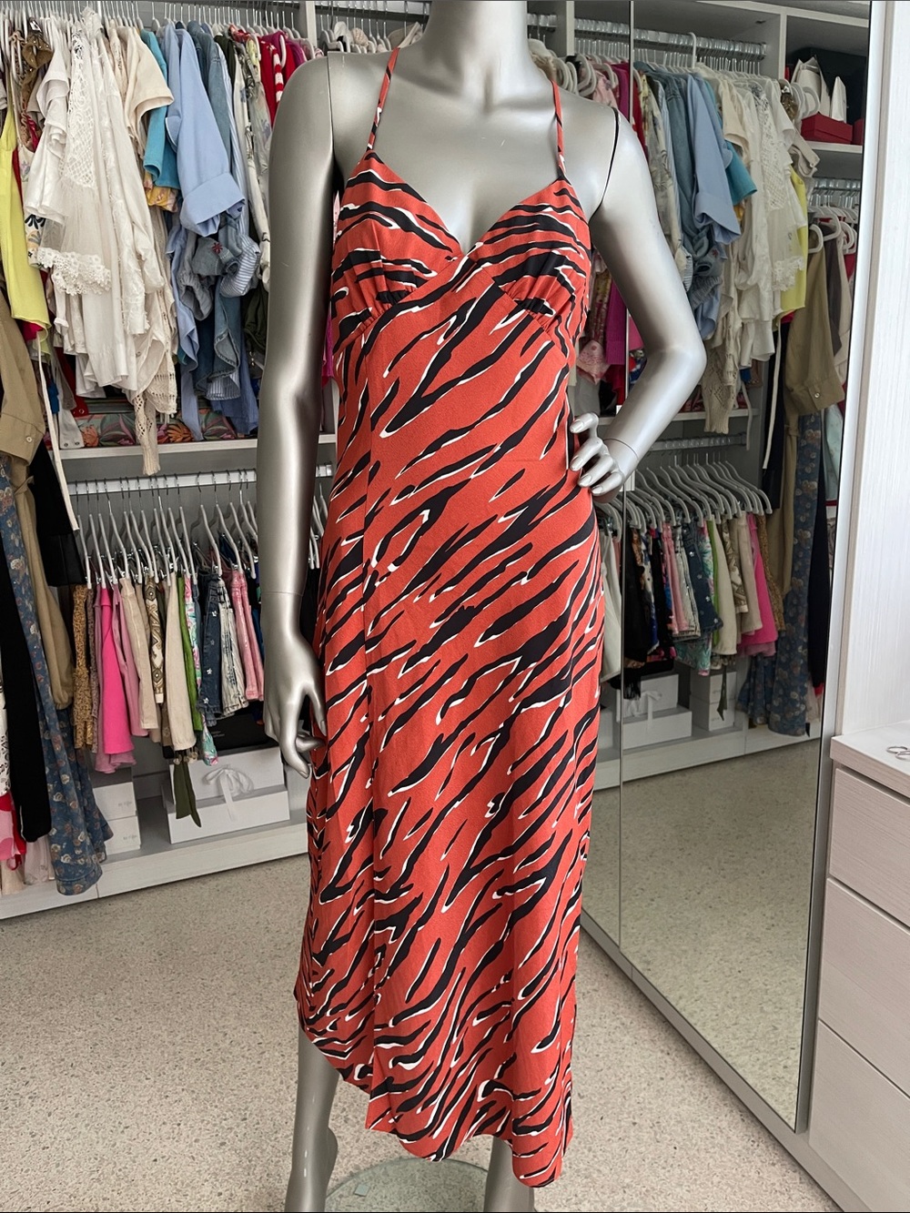 Naked Zebra Orange and Black Animal-Print Midi Slip Dress